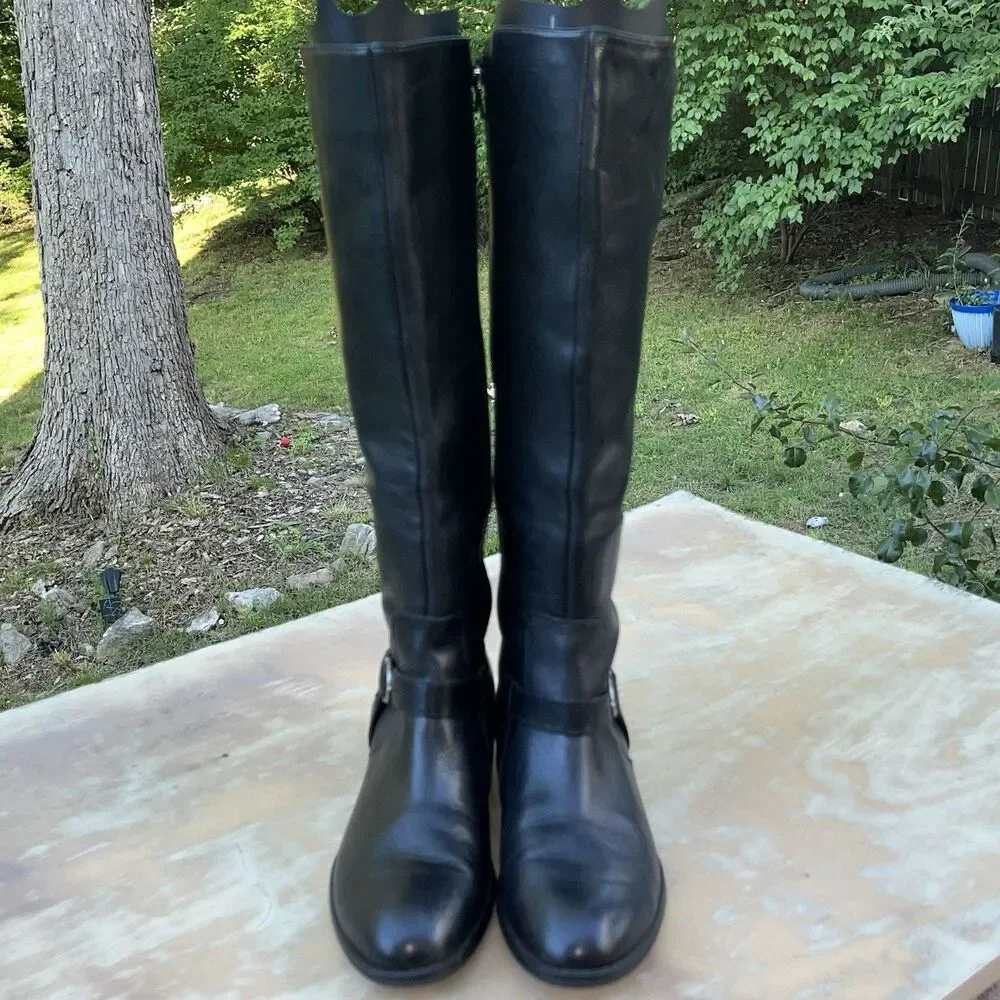Lauren Ralph Lauren Margarite Black Leather Knee High Riding Boots 8B Buckle Zip